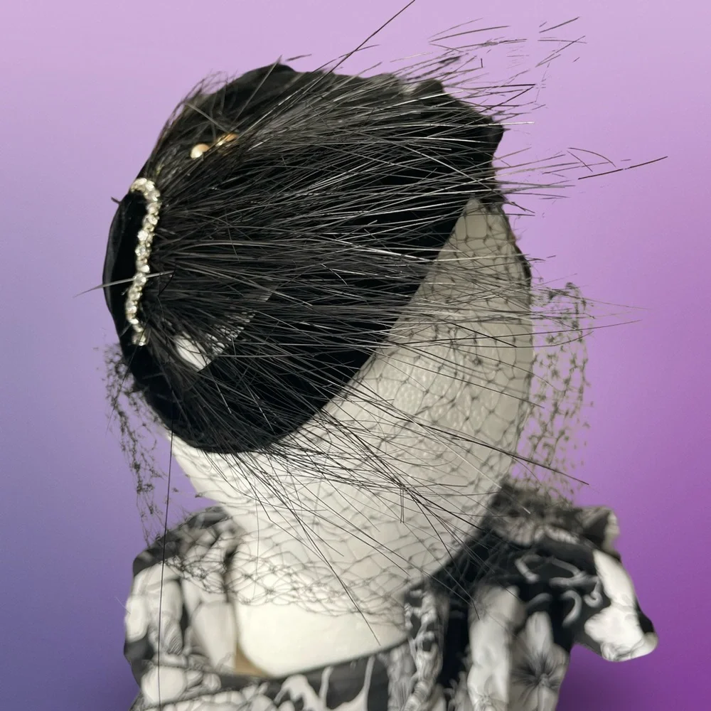 Vintage 50’s 60’s Black Velvet Fascinator Derby Hat Feather, Rhinestone Details